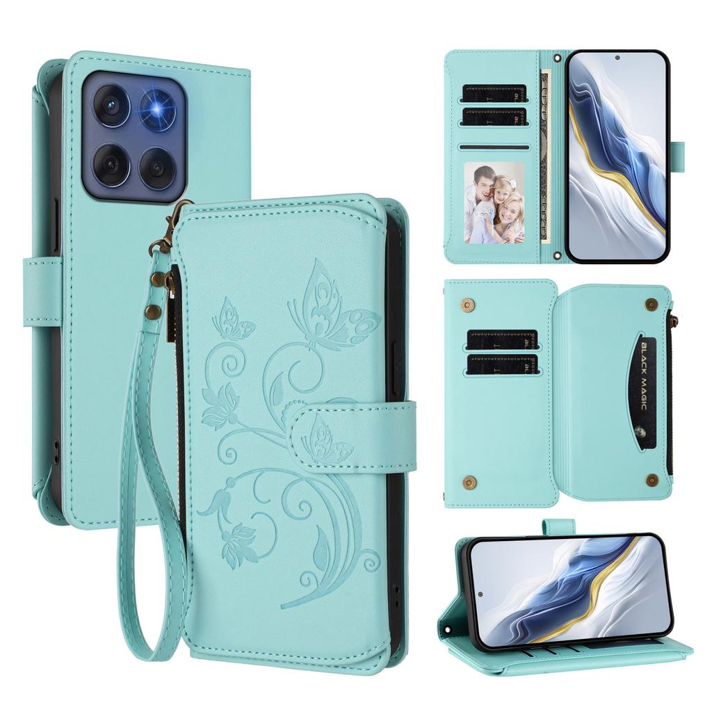 For Motorola Edge 60 5G/Motorola Edge (2025) 5G Leather Case Butterfly Floral Imprint Zipper Wallet Stand Cover with Wrist Strap