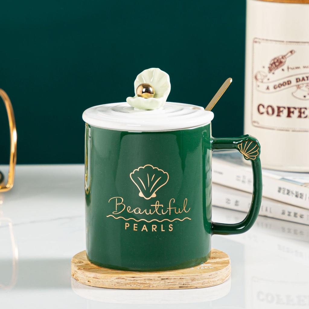 Shell Pearl with Lid Spoon Ceramic Cup Color Glaze Business Gift Household Set Nordic Style Mug