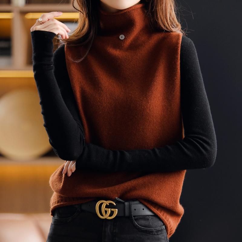 Women's Cashmere Sweater Vest: High Neck, Button-Up, Sleeveless, Loose Fit, Slimming, Wool Knit – Perfect for Autumn and Winter.