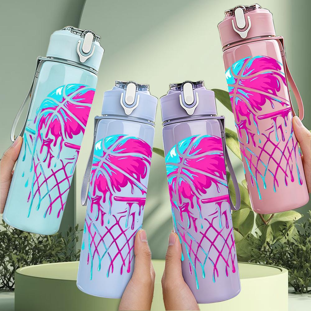 1PC Color Basketball Hoop Splash Print 750ml Color Plastic Water Bottle Leakproof Flip Straw Lid For Sports Office Home Use