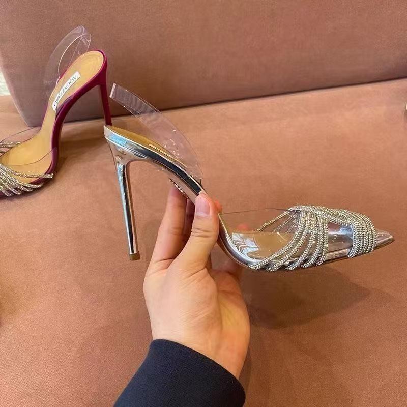 Women High Heeled Sandals 2025 Summer New Clear PVC Sandals Luxury Silver Crystal Pumps Sexy Pointed Toe Banquet Shoes for Women
