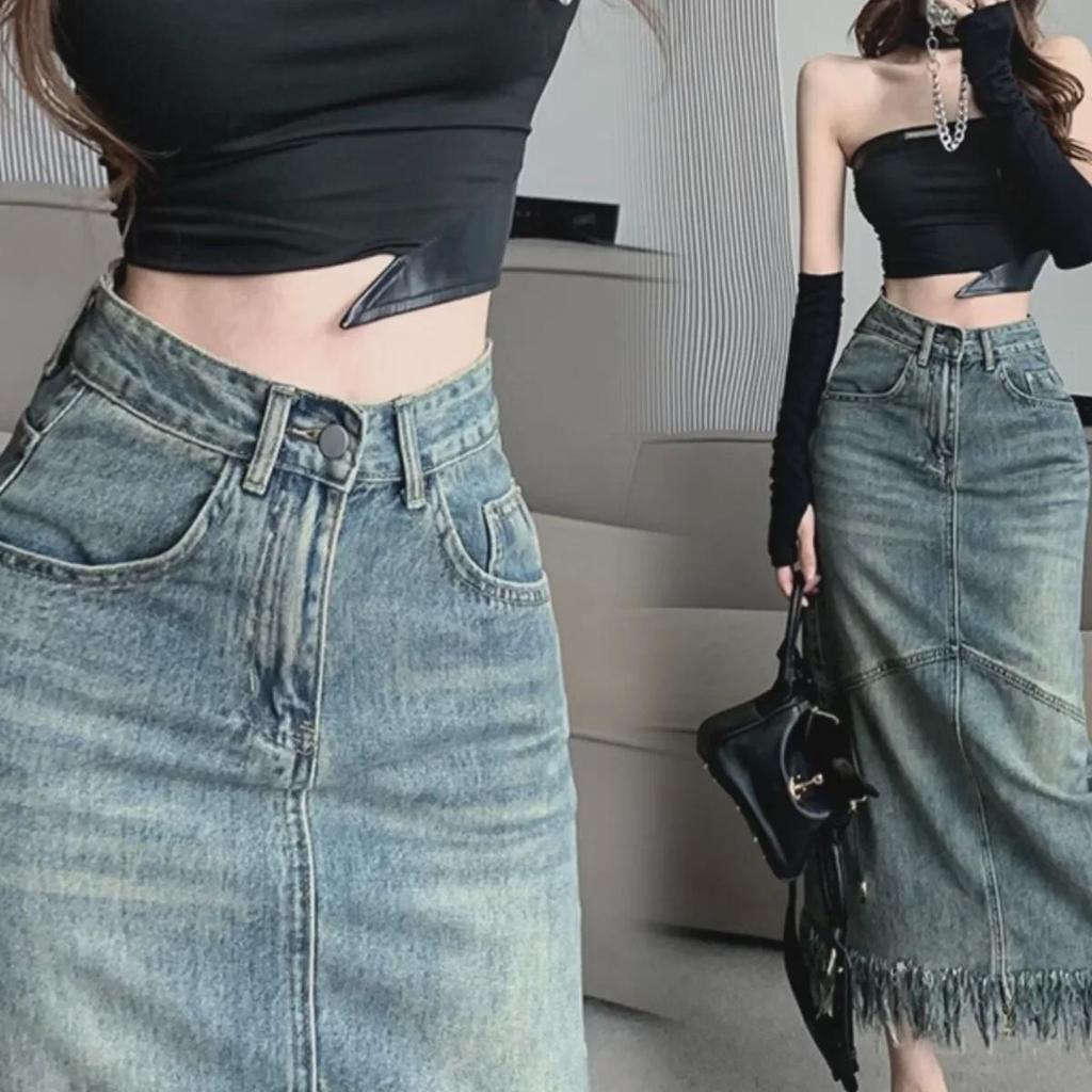 Fustă Midi din Denim Patchwork cu Ciucuri 2024 - Damă Talie Înaltă Vintage Slim Fit