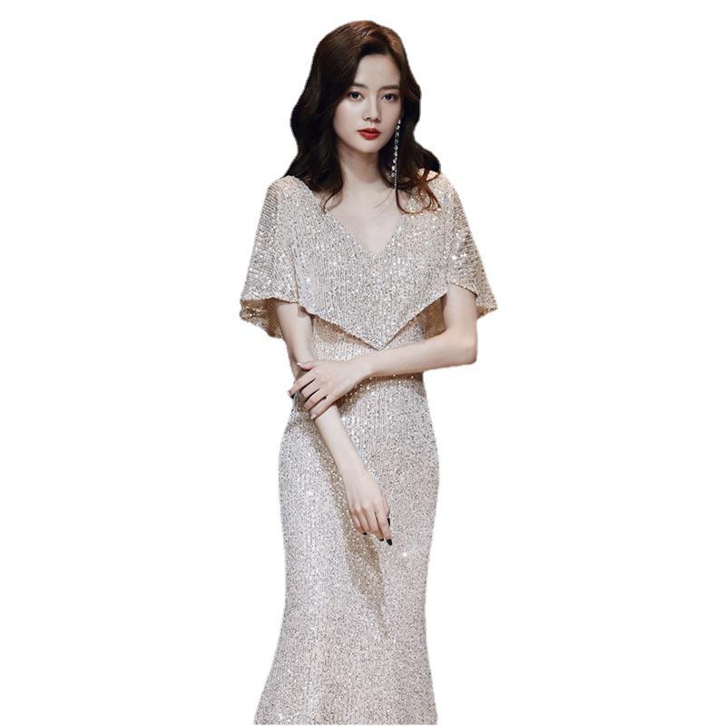 Champagne Banquet Evening Dress Sequins 1011 New Summer Temperament Long Fishtail Dress Annual Meeting Hosting Dress