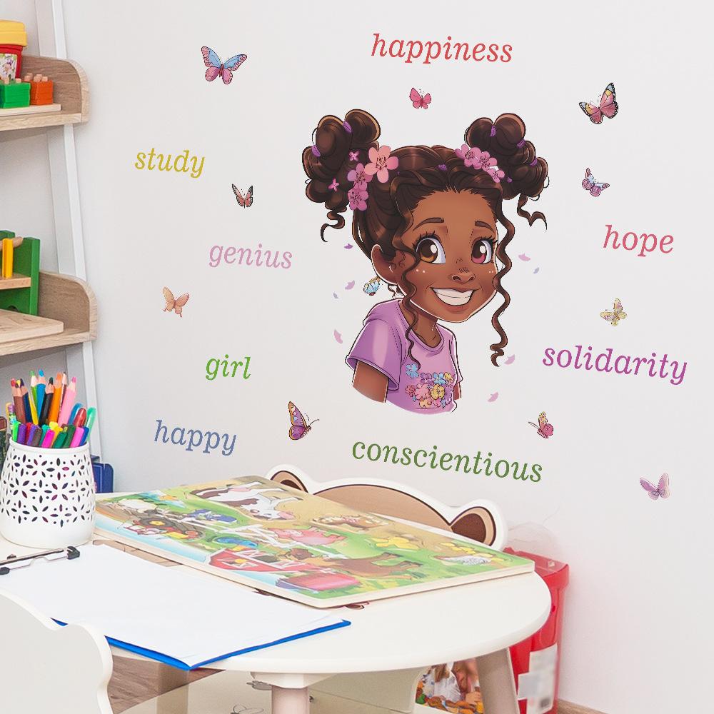 Tecknad Söt Liten Flicka Väggdekal Inspirerande Engelska Citat Motiverande Slogan Barnrum Sovrum Dekor Hemma Bakgrundsdekoration
