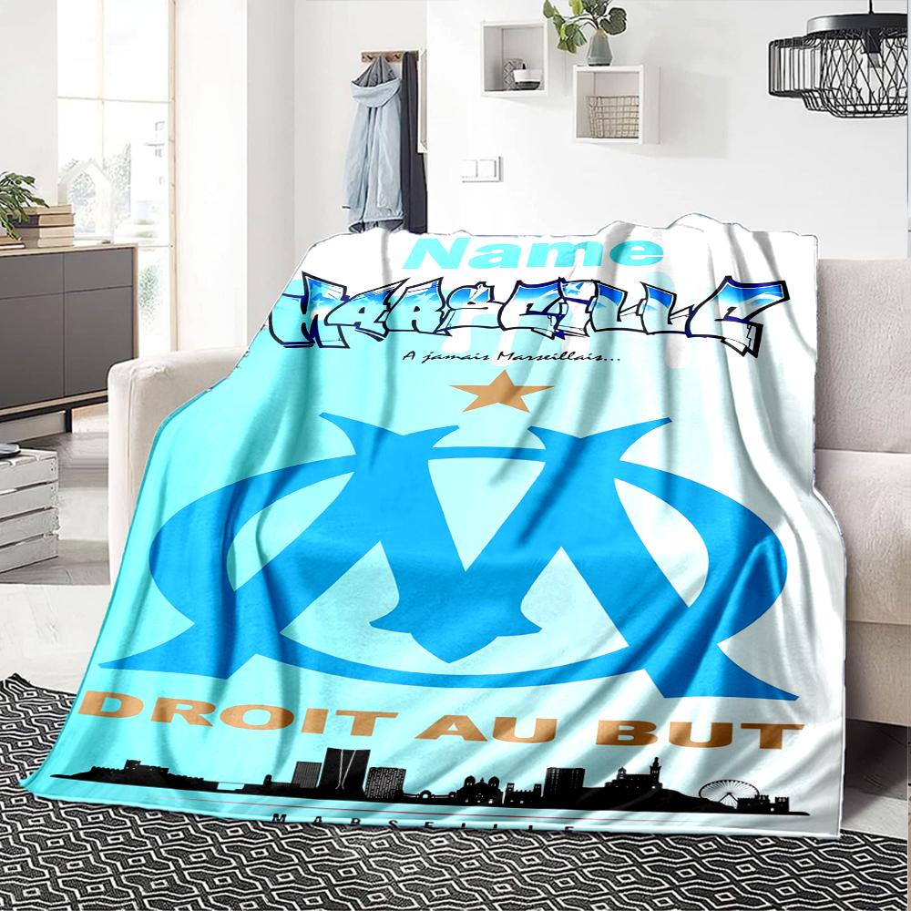 Custom Name Olympique de Marseille Theme Printed Blanket - Perfect for Couch, Bed, Travel & Outdoor Use | Machine Washable, Cozy & Durable.