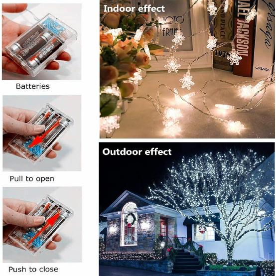 Christmas Lights, Christmas Decorations Snowflake String Lights 19.6 Ft 40 LED Fairy Lights Battery Operated Waterproof for Xmas Garden Patio Bedroom
