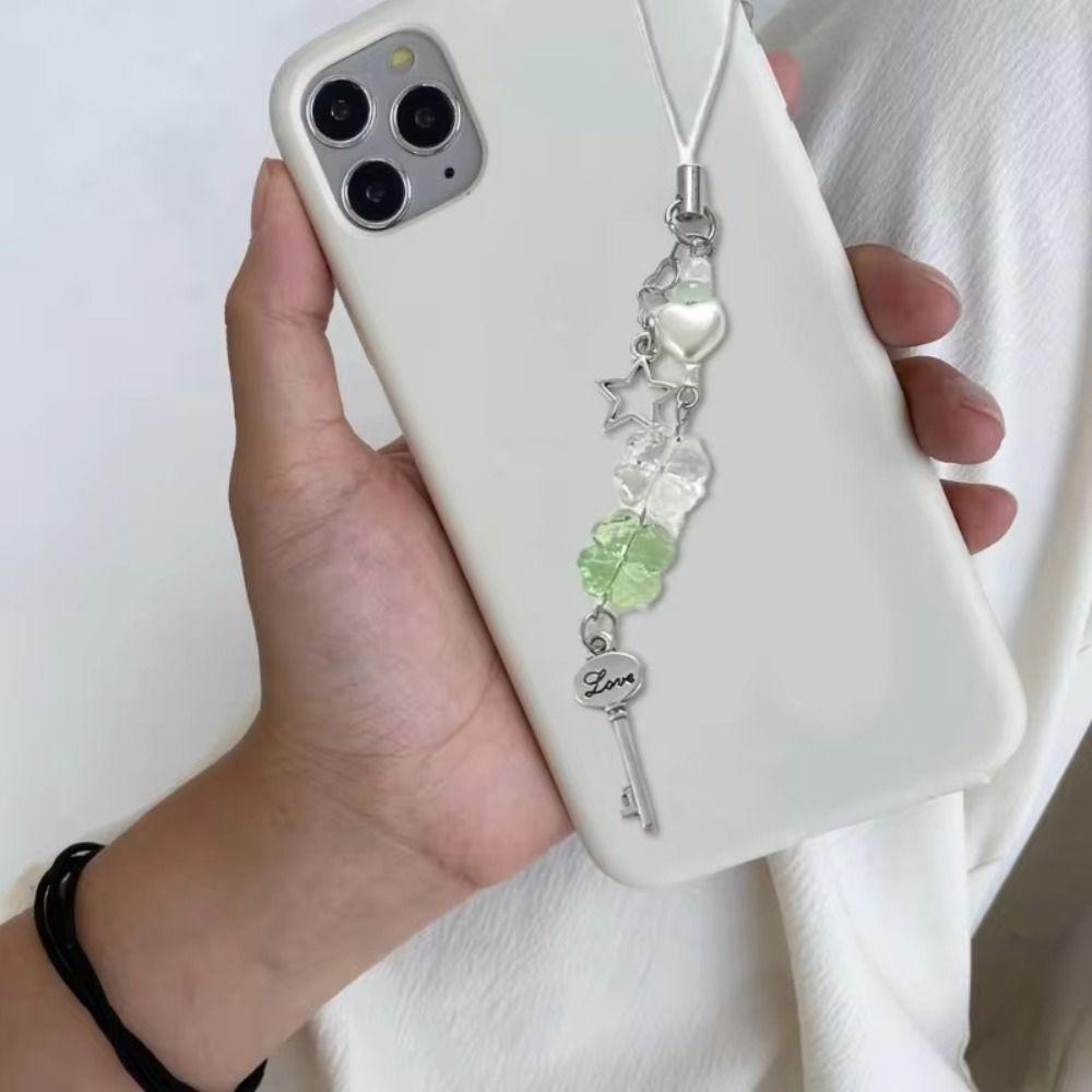 Lucky Four Leaf Beads Phone Pendant Bag Decoration Y2K Lanyard Clovers Phone Chain  Women Gils