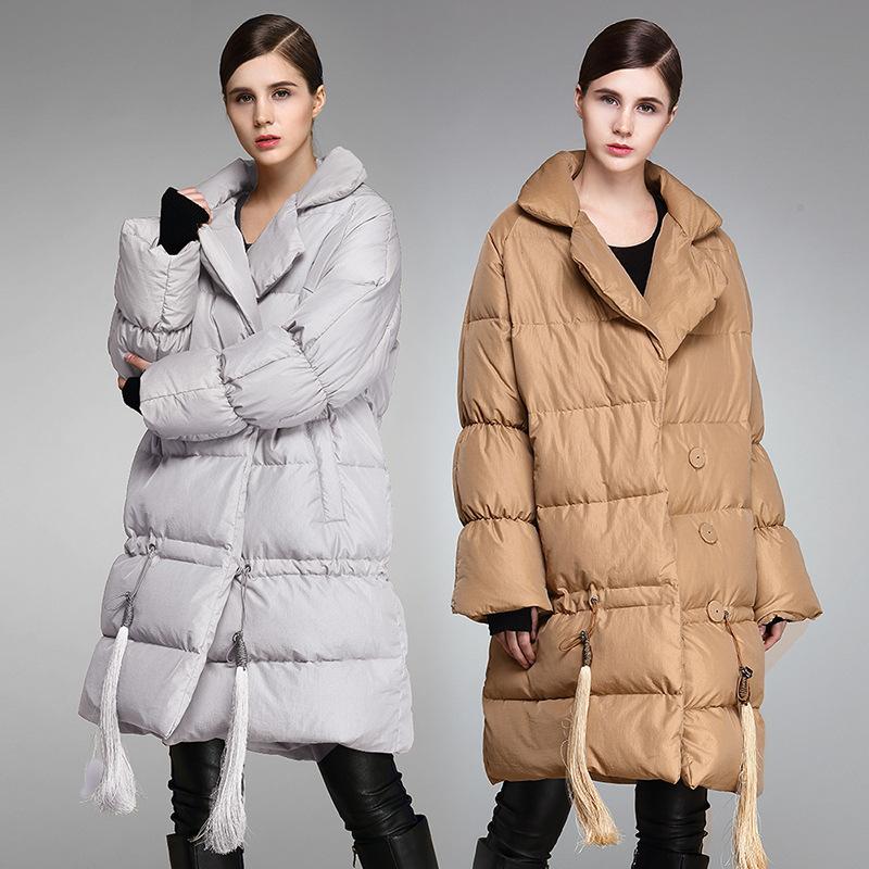 Europe, America, autumn and winter new thickened loose fringed women's clothing white duck down jacket women's medium and long one