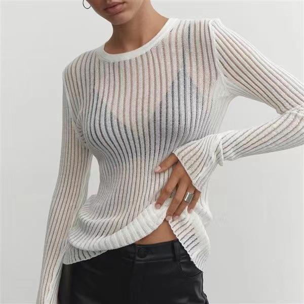 

Spring Summer Long Sleeve Round Neck Thin Breathable Knitwear Beachwear L білий