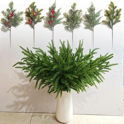 Green Artificial Pine Branch Christmas Tree Plastic Simulation Pine Needle Party Supplies Home Decoration Fake Red Berry Leaves
