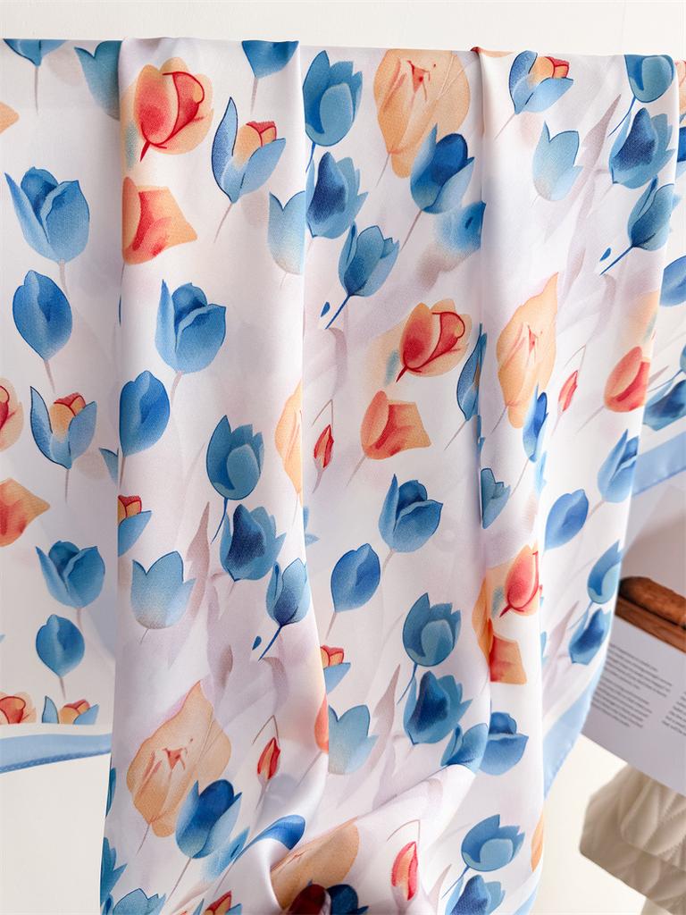 New Elegant Floral Print Square Scarf Women Soft Satin Horse Hairband Neckerchief Office Hijab Headband Foulard Bag Ribbons Gift