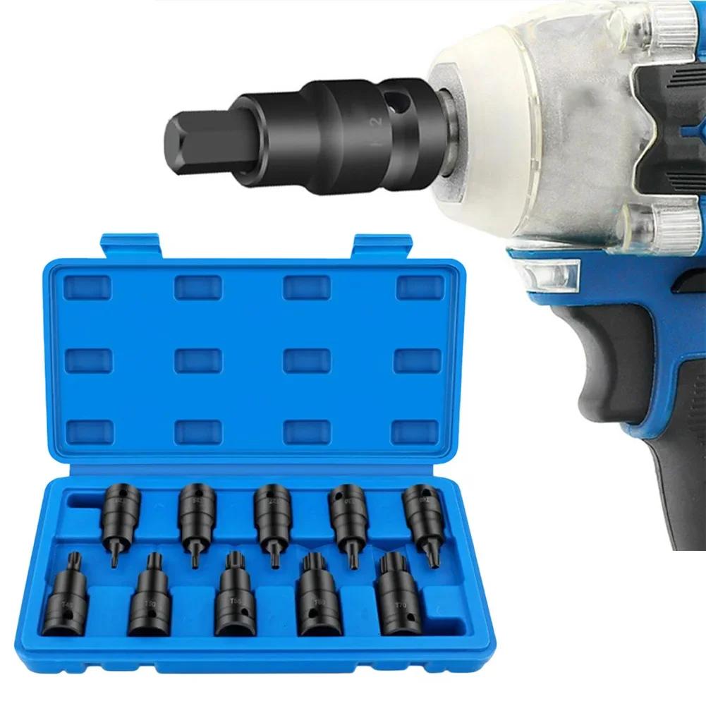 10pcs 1/2 Inch Hexagon Socket Adapter Head Screwdriver Bit Drive For T20-T70 Square Head Wrench Power Tool Accessories