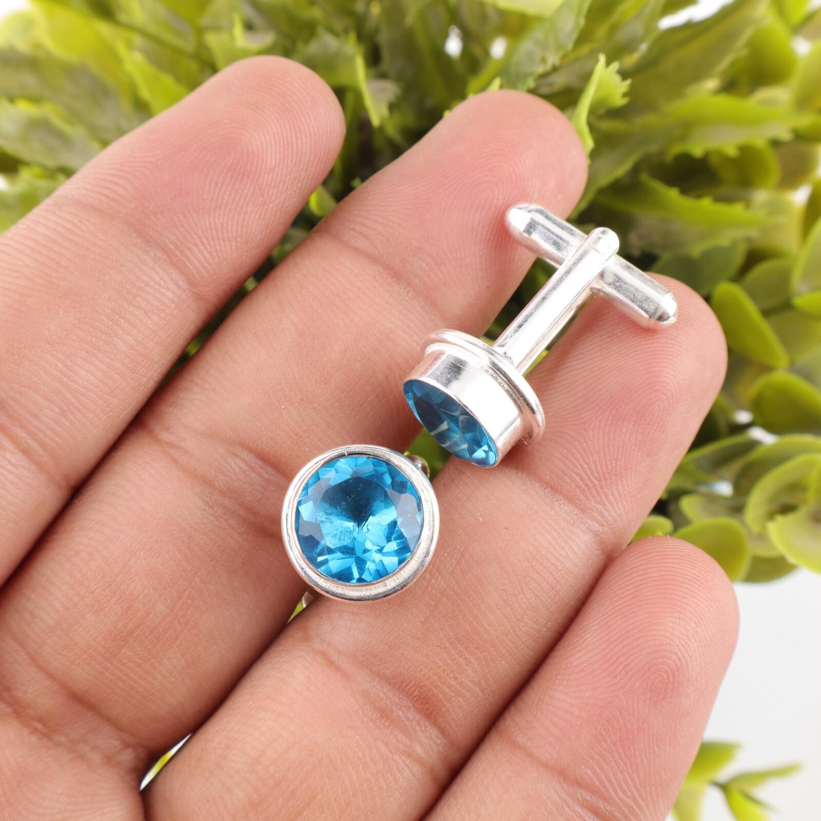 

Swiss Blue Topaz Gemstone 925 Sterling Silver Handmade Wedding Cufflinks 0.50 CL-4-14