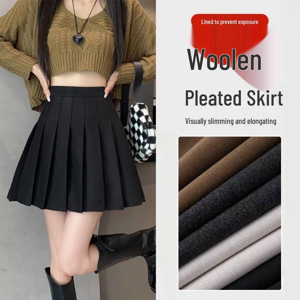 Autumn Winter Thickened Wool Pleated A-Line High Waist Plus Size Short Skirt for Petite Women