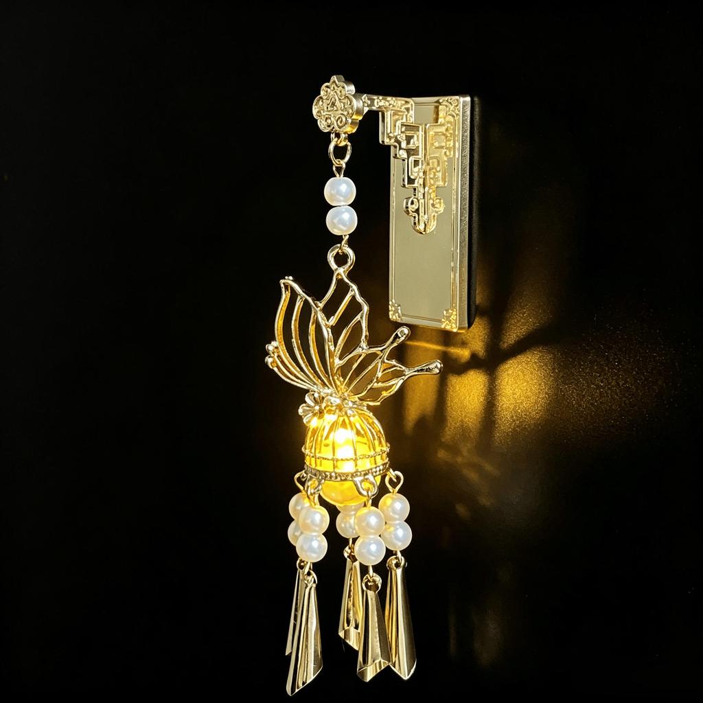 Ancient Style Luminous Lantern Refrigerator Magnet with Pavilion Tassel and Pearl Ornament