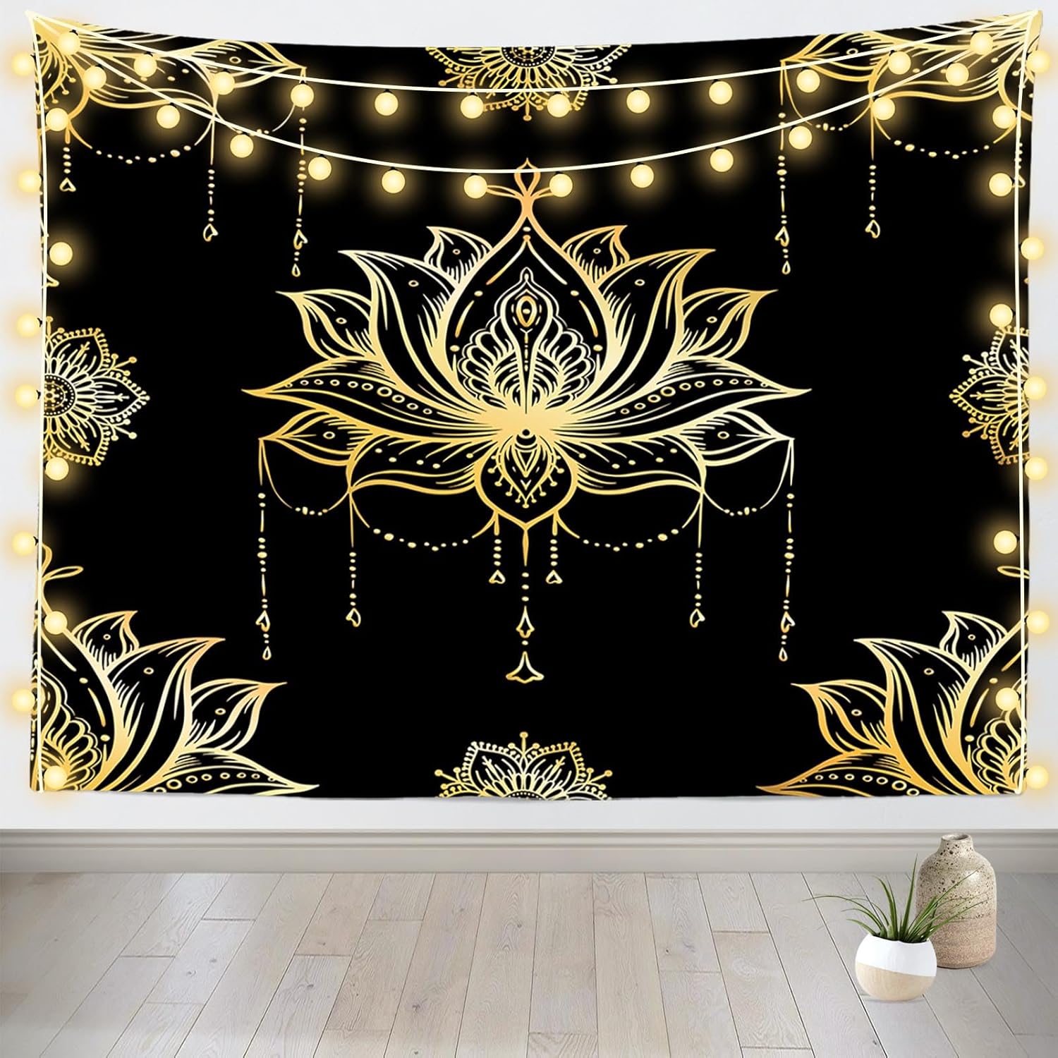 Loccor Black Gold Lotus Tapestry Spiritual Lotus Psychedelic Meditation Lotus Flower Wall Hanging Decor Bedroom Living Room Zen Boho Wall Art Decor 59 L x 39 W