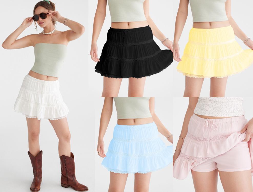 2025 Summer Women's High Waist Pleated Lace Trim Midi Skirt - Age-Reducing A-Line Design