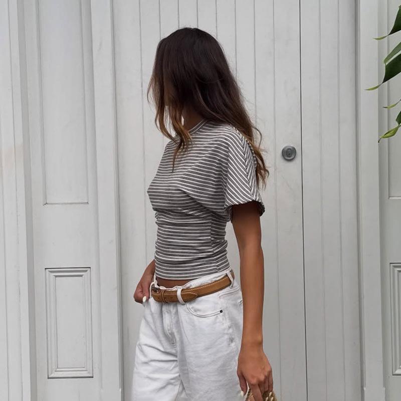 Q25TP400 Women's Slim-Fit Autumn Striped Round Neck Short Sleeve Top