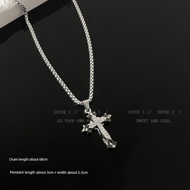 

European and American Style Cross Titanium Steel Long Necklace for Women, Trendy Retro High-End Accessory, Simple and Fashionable Men s Clavicle Chain Three-Layer Cross Necklace-Titanium Steel