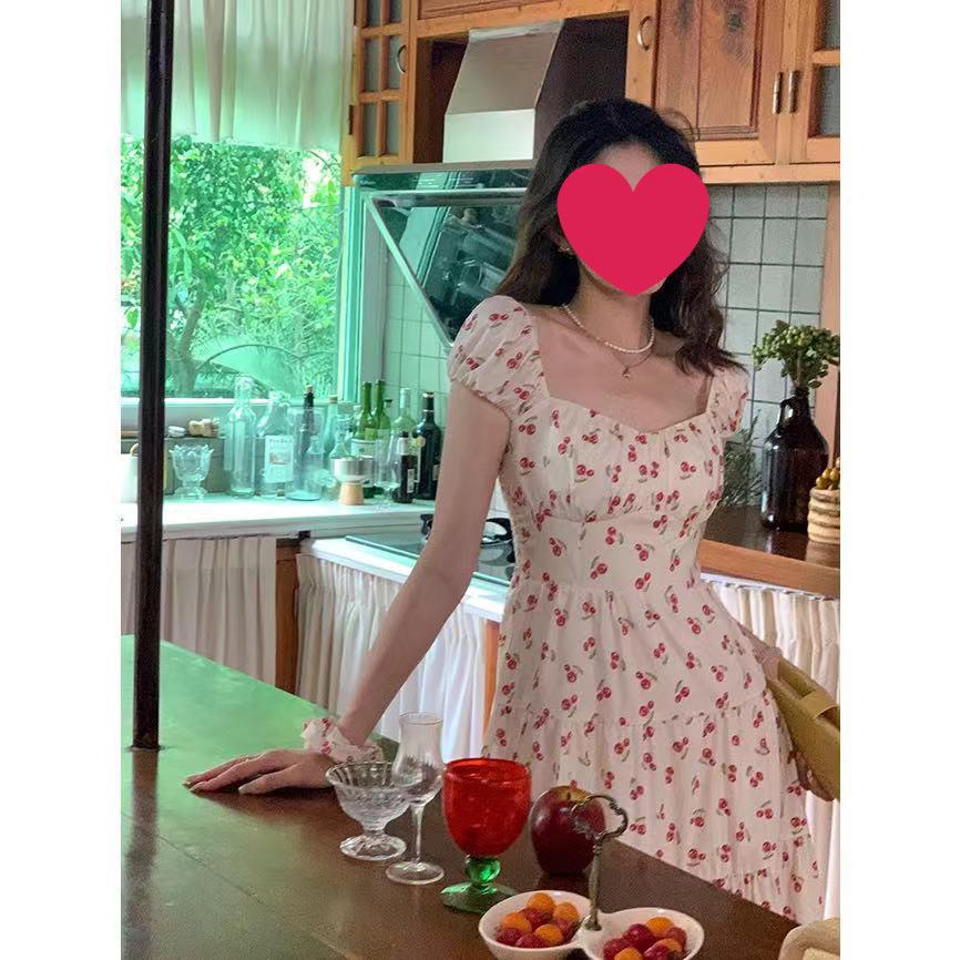 Cherry French Summer Floral Fairy Dress: Sweet, Gentle, Fresh Long Design