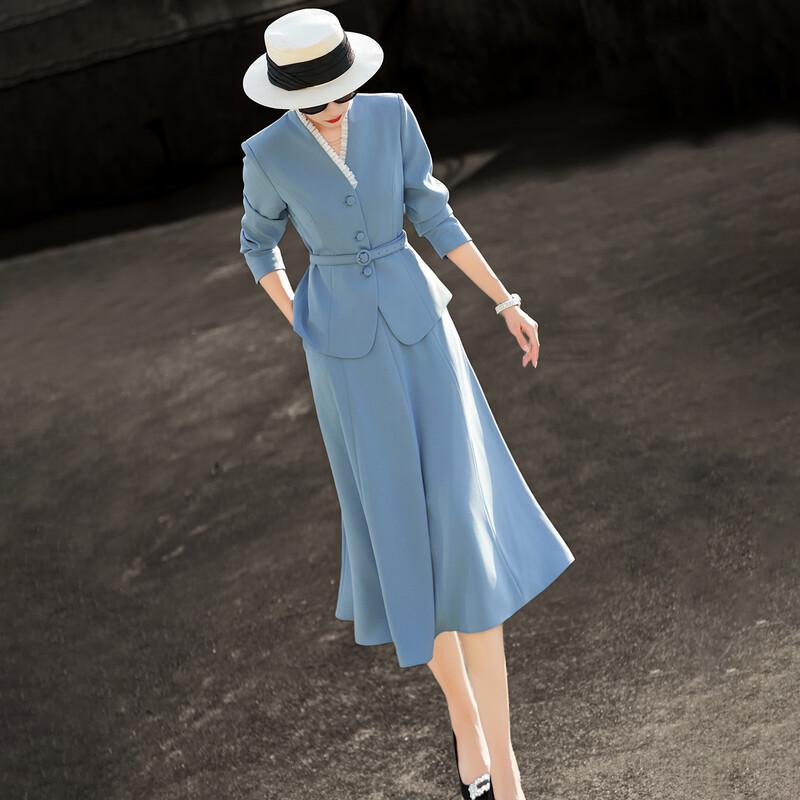 Elegant V-Neck Waist-Cinching Blazer & Skirt Set