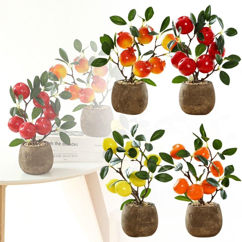 Multicolor Artificial Fruits Bonsai Pomegranate Lemon Orange Grey Flowerpot Fruit Tree Potted Green Leaves Waterproof
