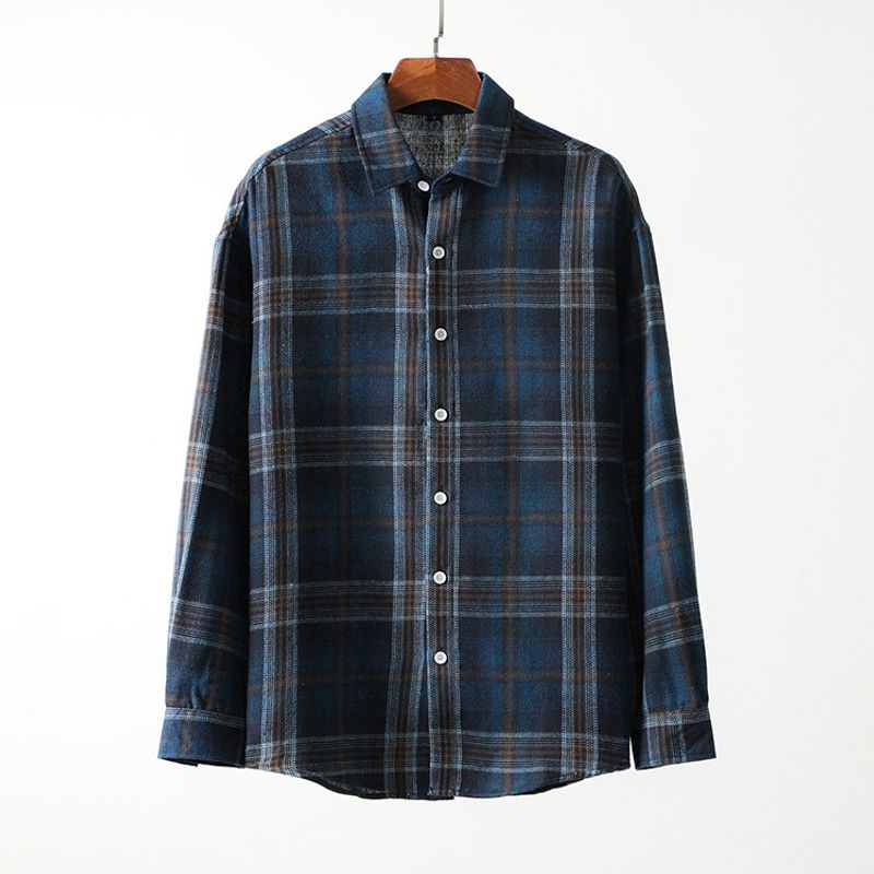 American vintage Washed Sanding Plaid Shirts Men s Long sleeve Spring and Autumn Stacked Outerwear Foreign Trade Men s Casual Shirt Navy Blue XL