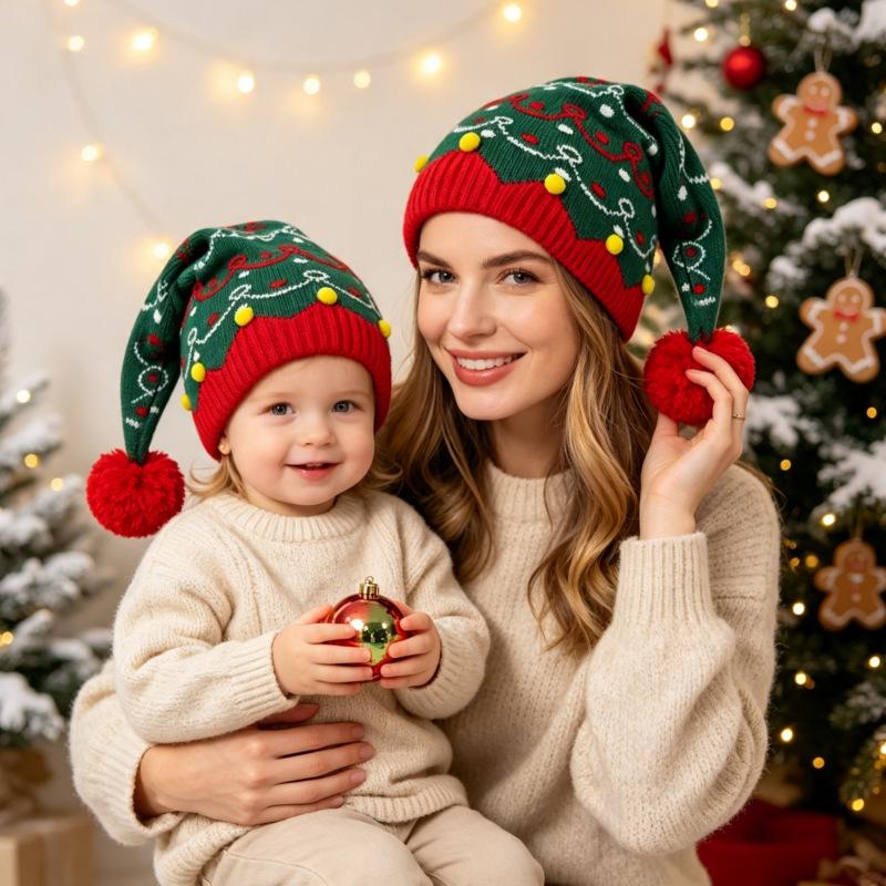 Unisex Adult Kid Christmas Jacquard Knitted Beanie Winter Warm Ear Protection Yarn Hat Family Matching Holiday Costume Pullover Hat for Christmas