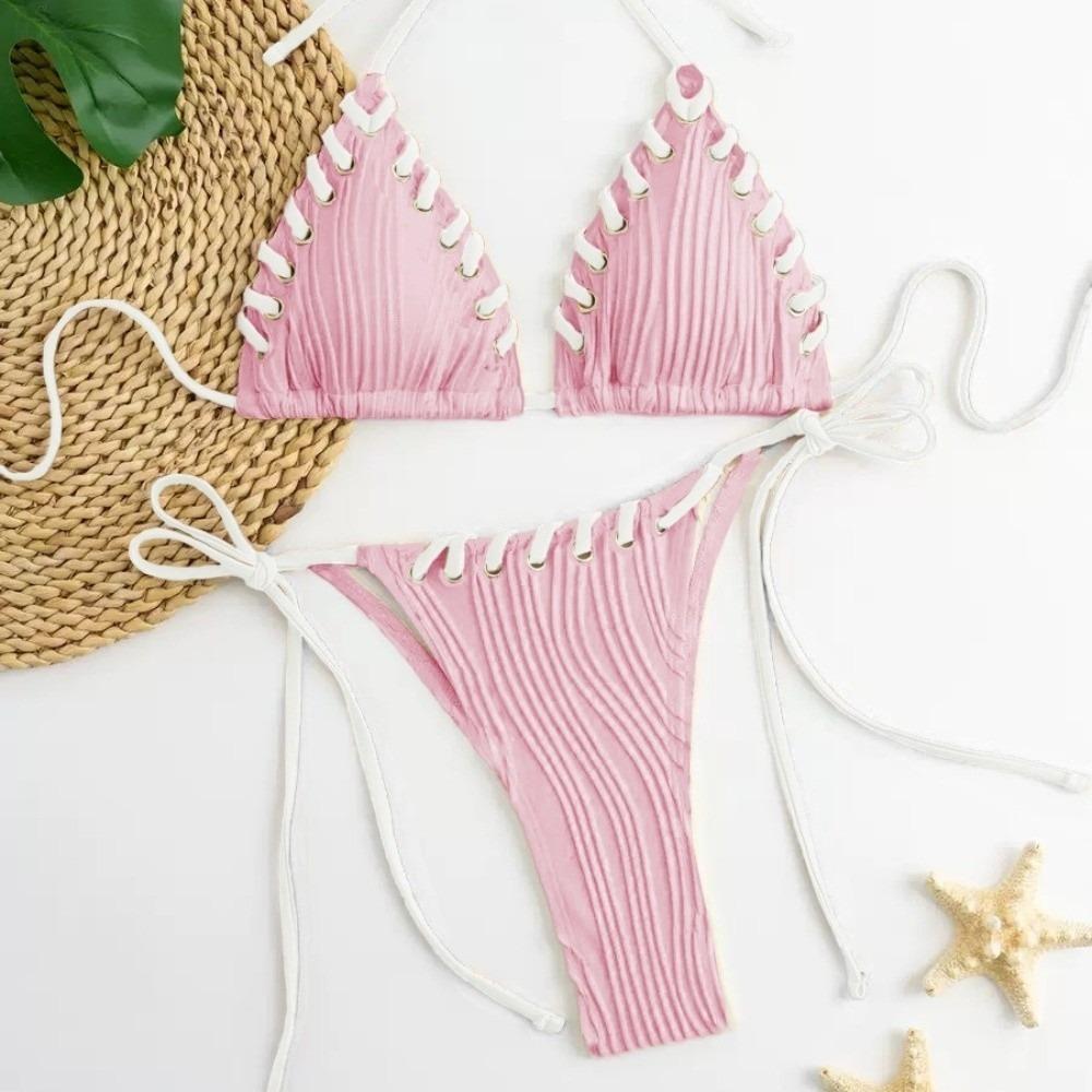 Lace Up Bikini Suit Ruffled Halter Neck Sling Swimsuit Fashion Swimwear Set  Swimming Pool