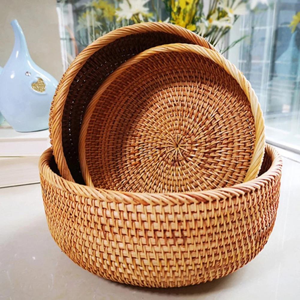 Round Rattan Fruit Basket Handwoven Lightweight for Kitchen or Office Use