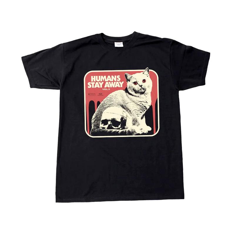 Europe and America INS Popular Punk Rock HUMANS STAY AWAY Black Cat Human Away From Men and Women Loose T-shirt 4XL