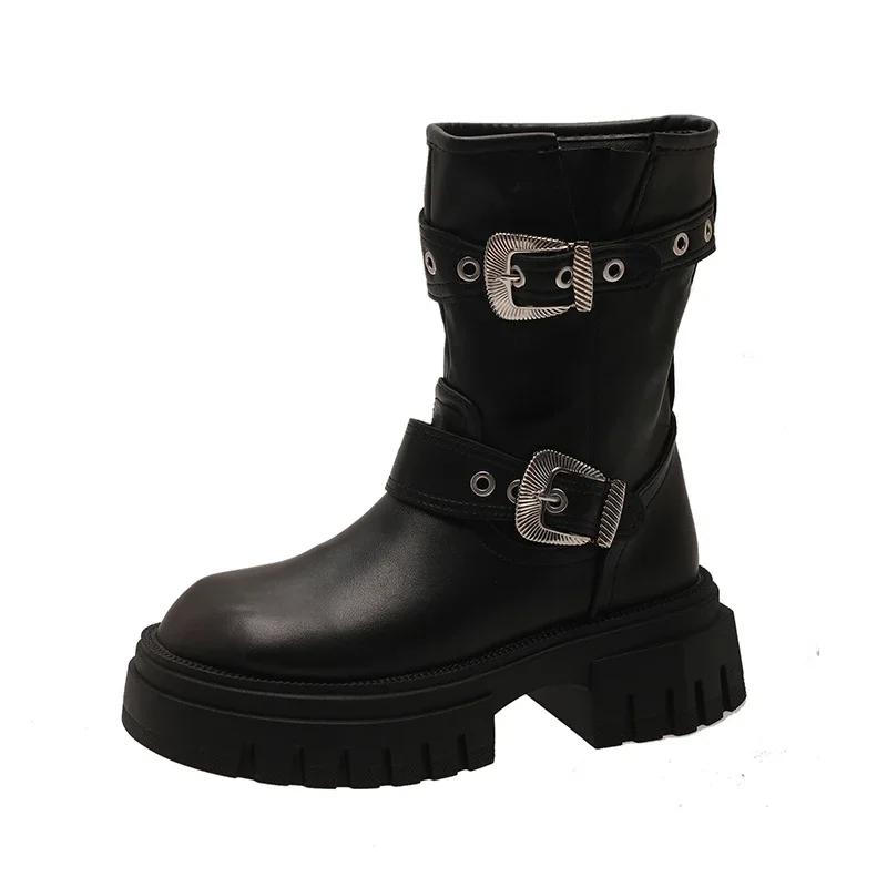 

Модные новые женские сапоги-ковбойши на платформе и каблуке, модные короткие сапоги с пряжкой на ремне, осень-зима, женская обувь с толстой подошвой 35 чёрный