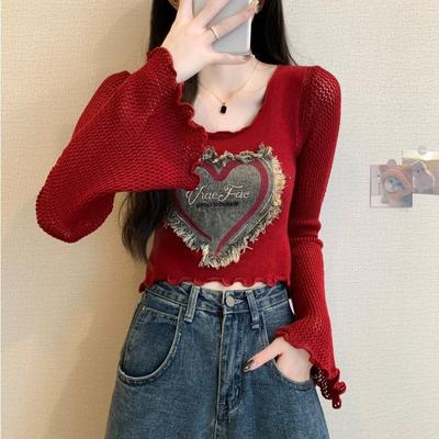 Primavera Autunno Donne Chic Maglia Traforata Manica Svasata Denim Cuore Maglione Corto Pullover Top Per Ragazza