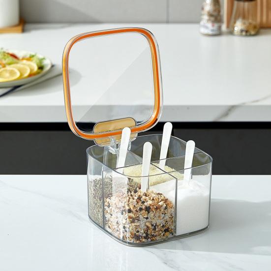 4-Fächer-Gewürzbox mit Schnappdeckel Löffel Transparenter Gewürzbehälter Stapelbarer Kunststoff Küchenorganizer für Salz Zucker Gewürze