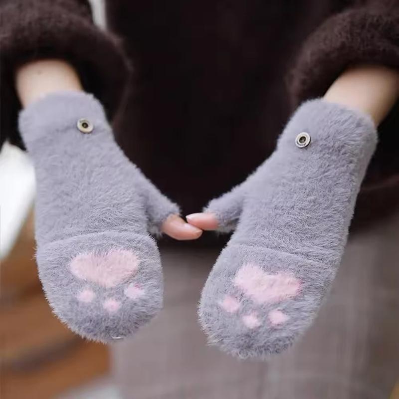 Korean Cartoon Fashion Cat Scratch Flip Gloves for Women Thick Velvet Warm Gloves Daily Office Student Writing Finger Gloves