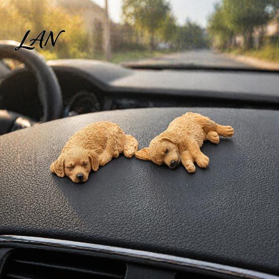 Cute Puppy Car Dashboard Decorations 2Pcs Sleeping Resin Dog Figurine, Decor for Creative Gift Lovers Women, Mini Calming Statue Desk, Interior