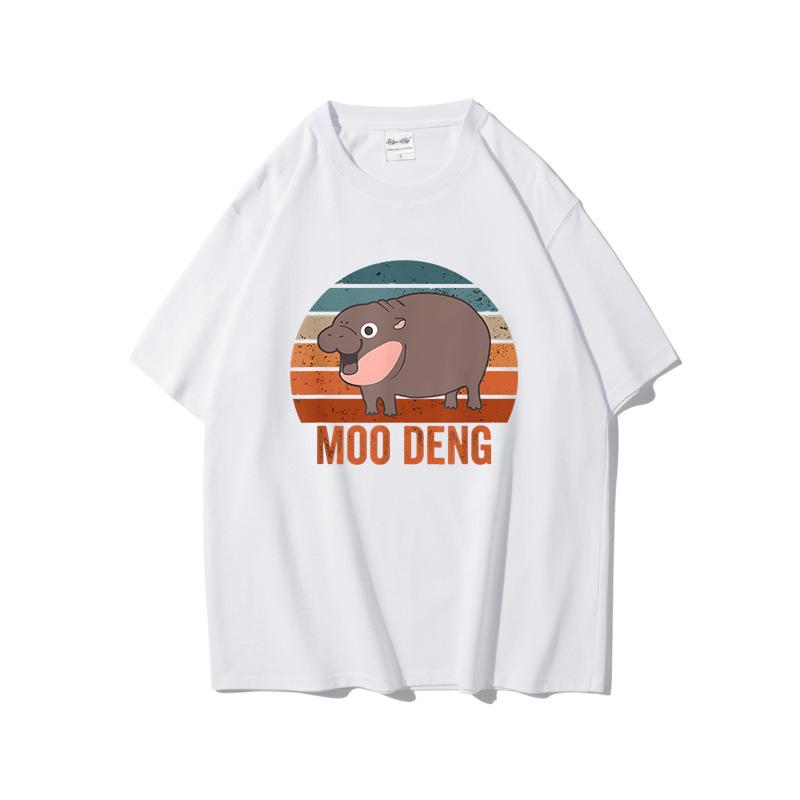 Fun Printed Moo Deng Bouncing Pig Casual T Shirts Trend Loose Cotton Short Sleeved Round Neck Top