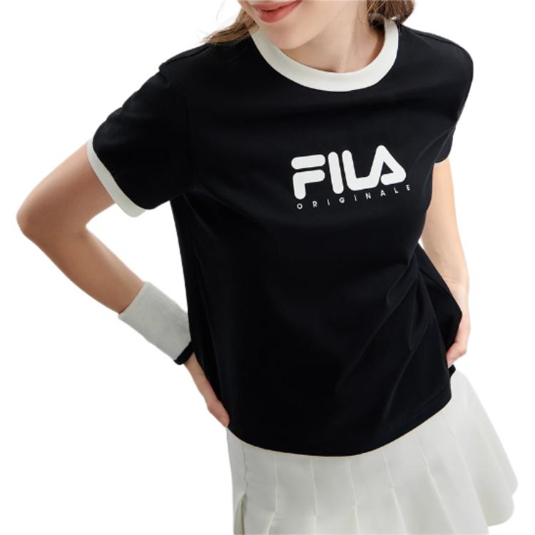 FILA Original Color Block Letter Sports Crew Neck Pullover Breathable Short Sleeve T-Shirt Women T-Shirts Black F11W429113FBK