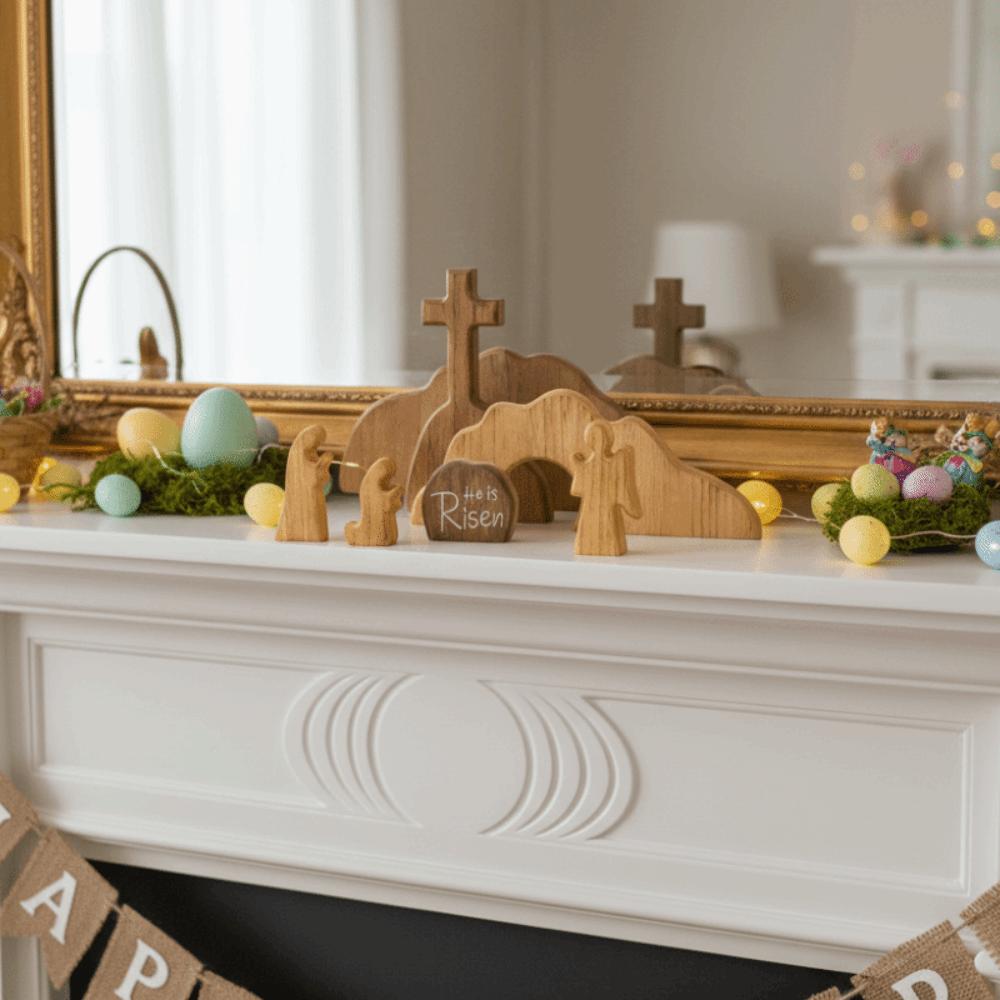 Portable Wooden Empty Tomb Easter Scene Ornament Mini Decorative Easter Resurrection Scene Statue DIY Easter Cross Ornament Gift