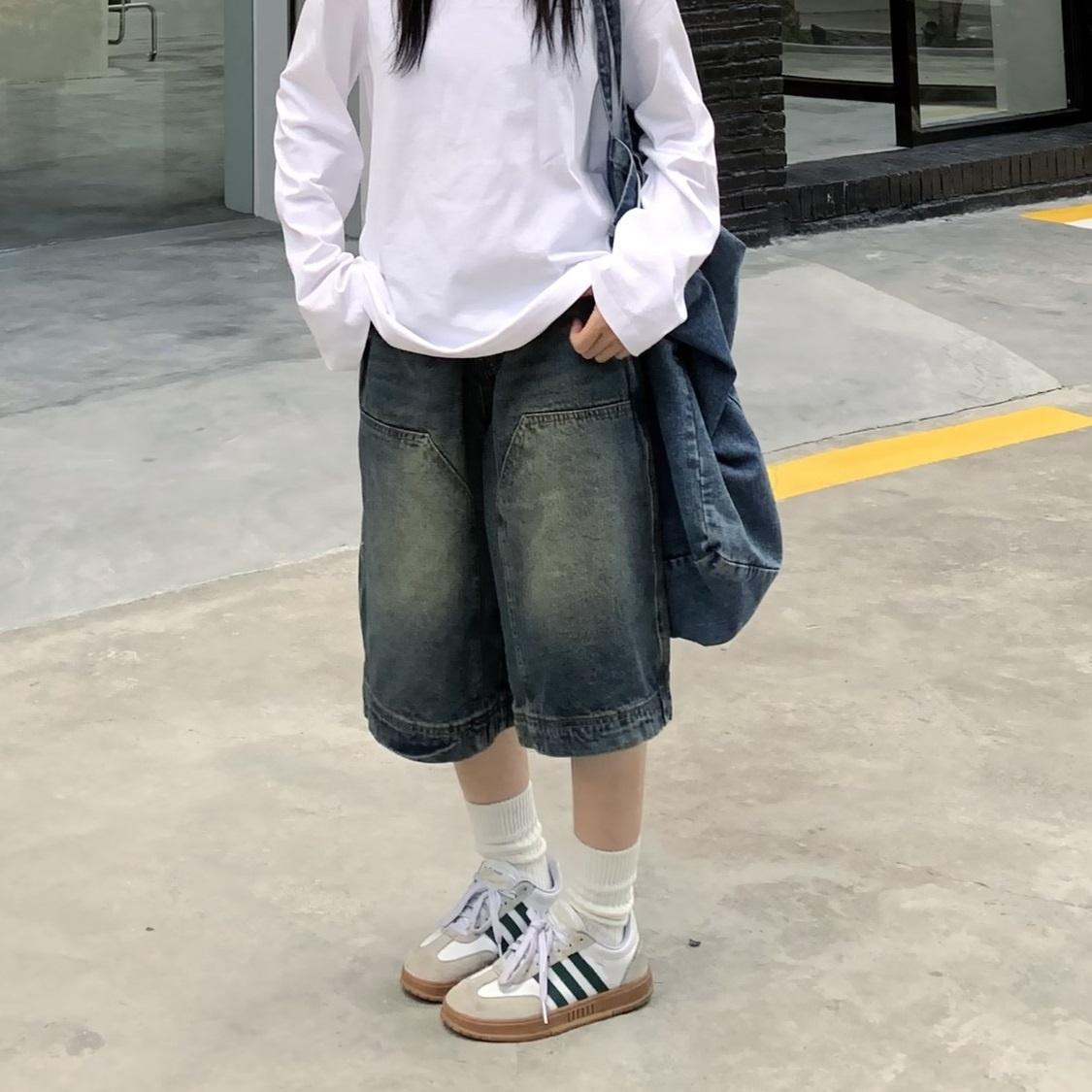 

Ретро-стираемые джинсовые шорты для мужчин и женщин, прямые широкие потертые повседневные укороченные брюки для женщин M