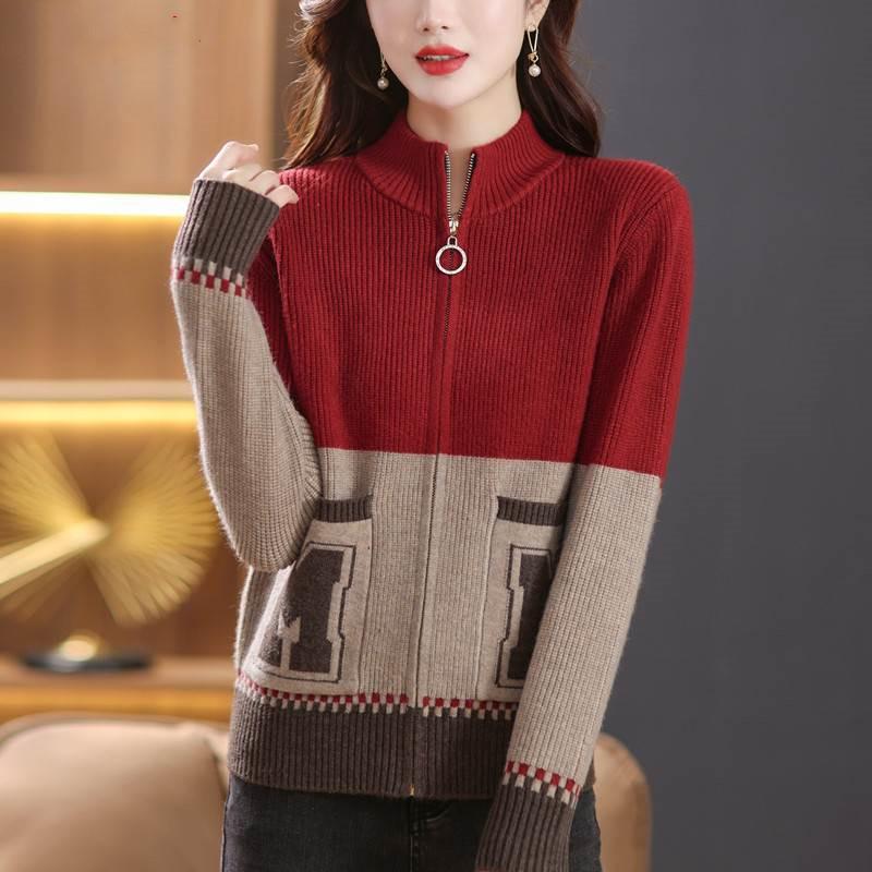 Dámský ležérní pletený svetr kardigan s volným svetrem na zip pro jaro a podzim se stojáčkem