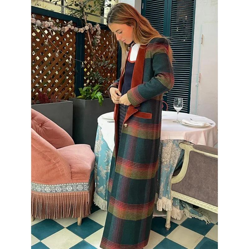 Modische, farbenfrohe Wollmäntel mit Karomuster für Damen, Patchwork, Umlegekragen, schmale Passform, lange Mäntel, High Streetwear