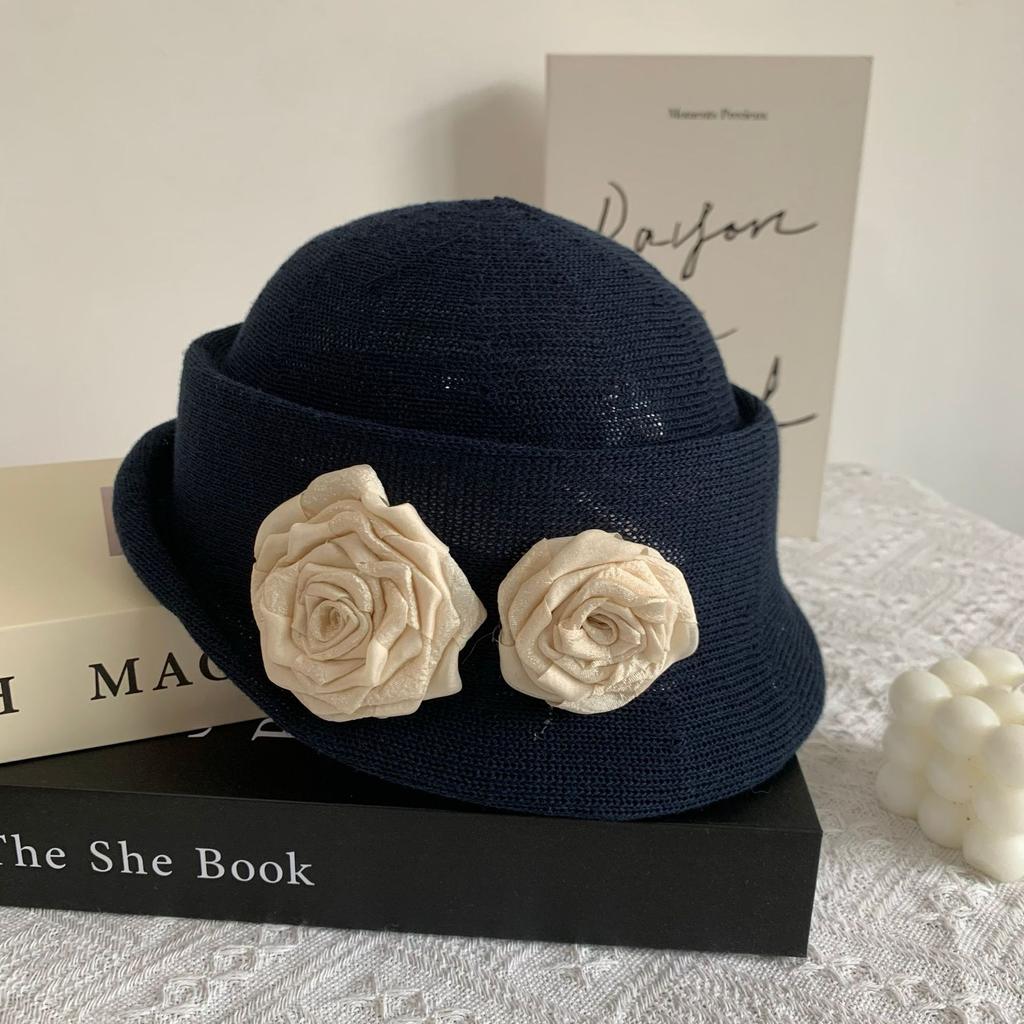 Hepburn Camellia Curled Linen Beret Women's Summer Thin Breathable Top Hat Show Face Small Hat Painter Hat