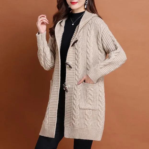 Women Spring Autumn Hooded Cardigan Sweater Jacket Ladies Mid Length Sweater Casual Knitted Overcoat