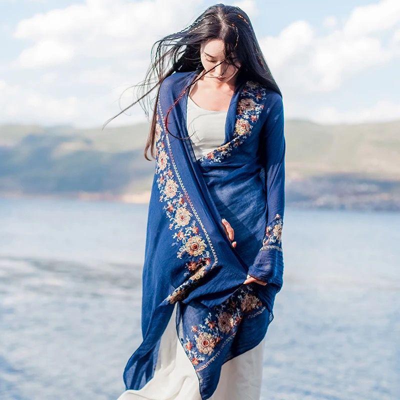 Spring and Summer Embroidered Ethnic Style Scarf Northwest Teaka Salt Lake Shawl Women's Dual-purpose Silk Scarf