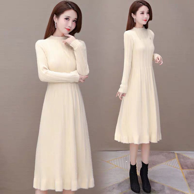 Long Knitted Dress for Women Autumn Solid-color Sweater Dress Imitating Mink Fur Cinched Waist and Trendy Solid-color Long-sleeved Knitted Sweater