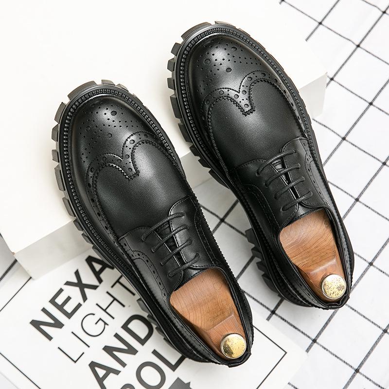 Korean Style Thick-Soled Men's Brogue Shoes, Sizes 38-45 - Trendy Carved Leather Work Boots, Low-Top Design