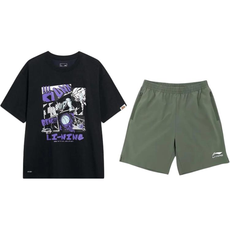 

Li-Ning Retro Letter Print Round Neck Pullover Fashion Versatile Casual Sports Suit Unisex suit YHSU207-1+YKSV147-1 M
