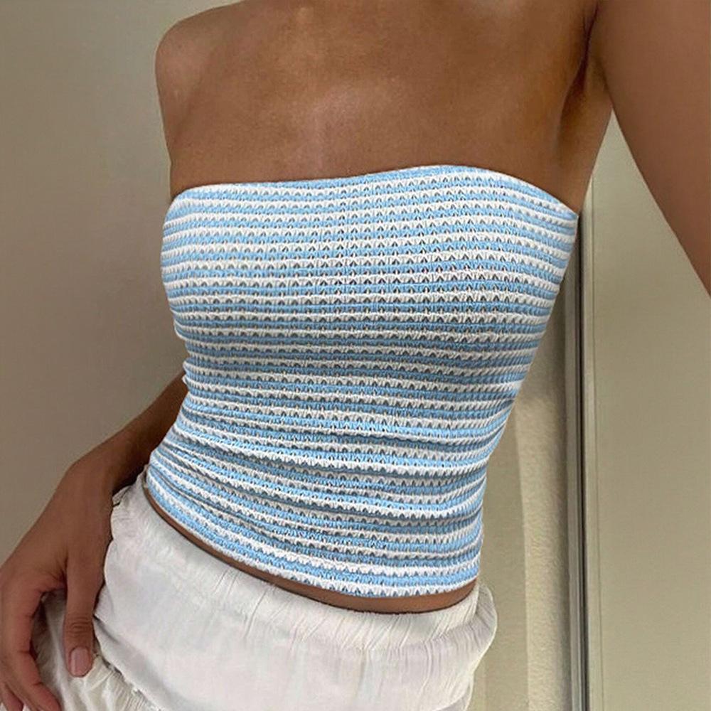 European and American Sexy Blue and White Striped Tube Top Sleeveless Off-the-shoulder Tight Short Vacation Vest Top Women