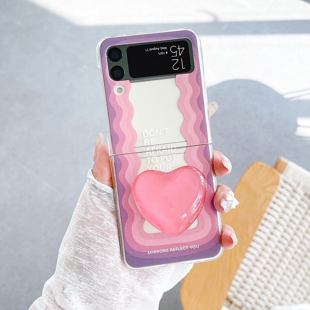 For Samsung Galaxy Z Flip 4 3 Case Gradient Waves Painted Transparent Shockproof Folding Hard Back Cover With Love Stand Holder